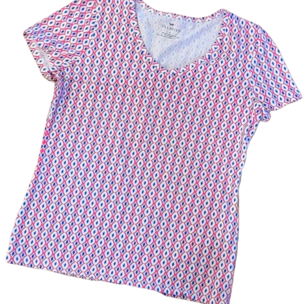 Talbots Tee Cateye Print SS Pink Sz Medium